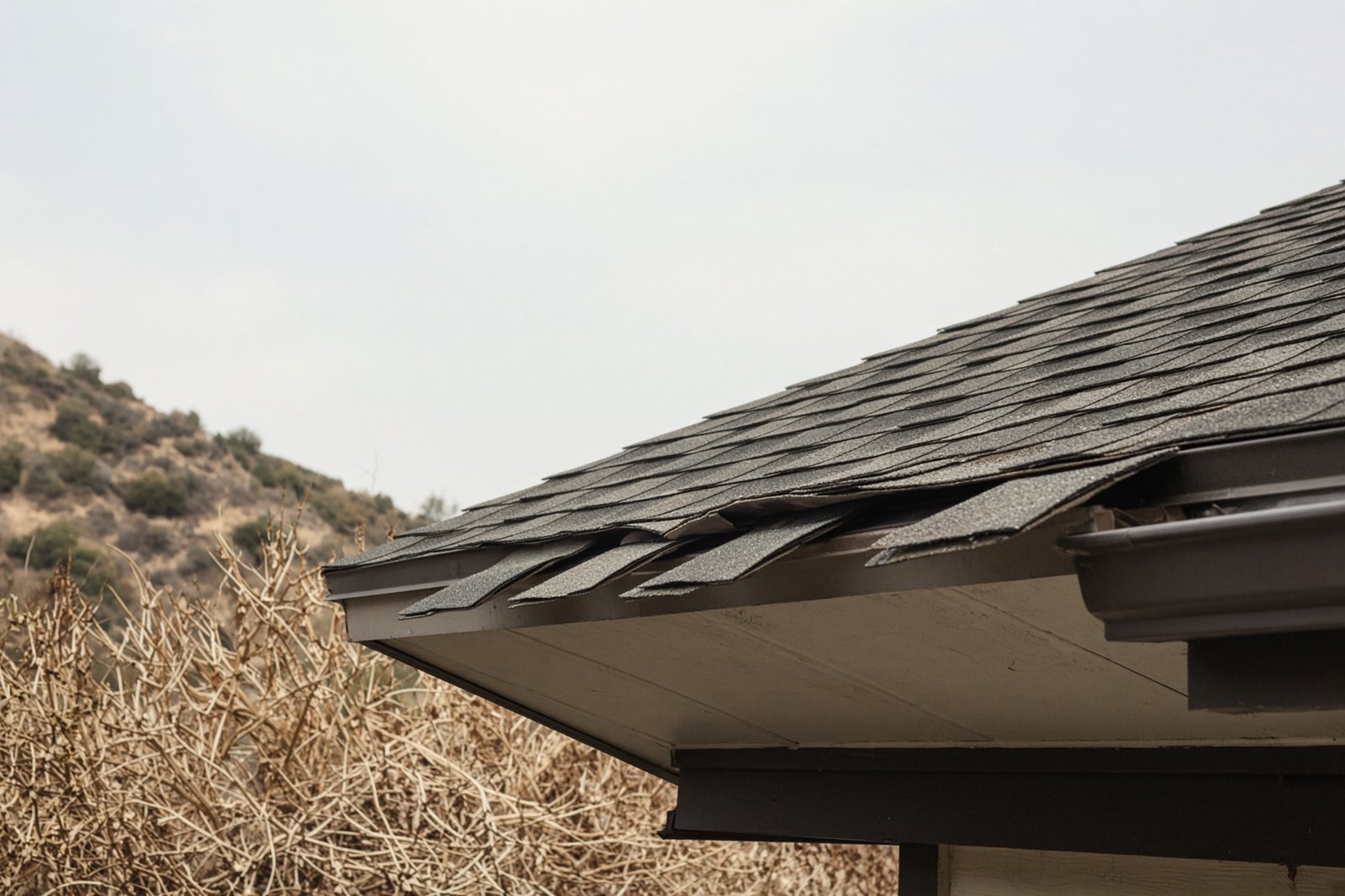 Lifted shingle tabs along the windward eave of a hillside house