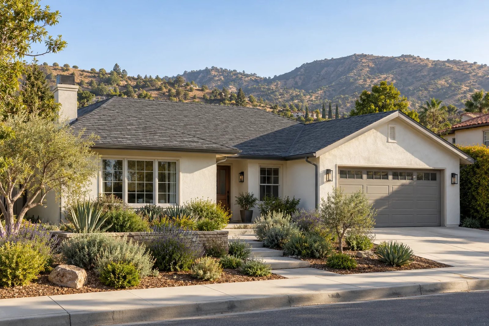 Gray shingle roof on an illustrative Glendale-style foothill ranch home. Illustration, not a photograph of a completed Citium project.