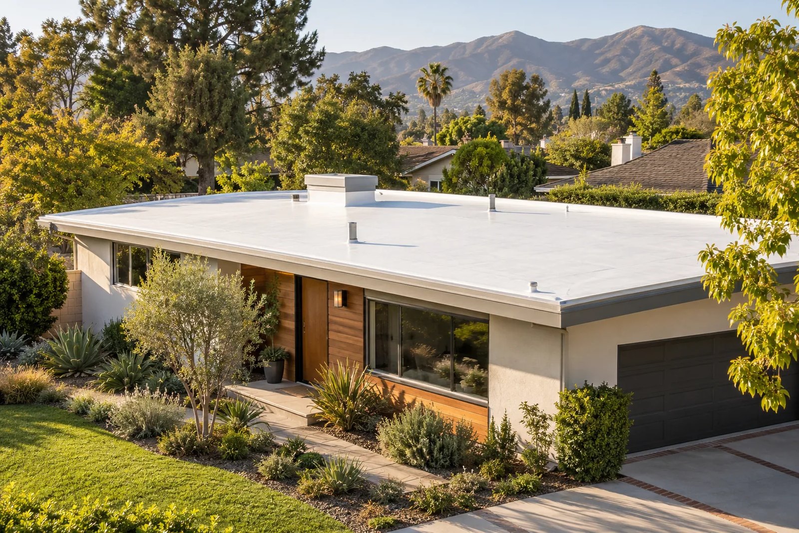 White low-slope roof on an illustrative Burbank-style midcentury home. Illustration, not a photograph of a completed Citium project.