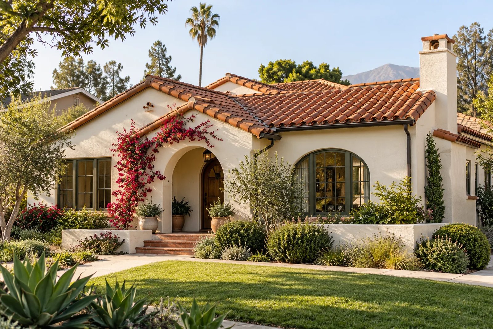 Terracotta roof tiles on an illustrative Pasadena-style Spanish Revival home. Illustration, not a photograph of a completed Citium project.