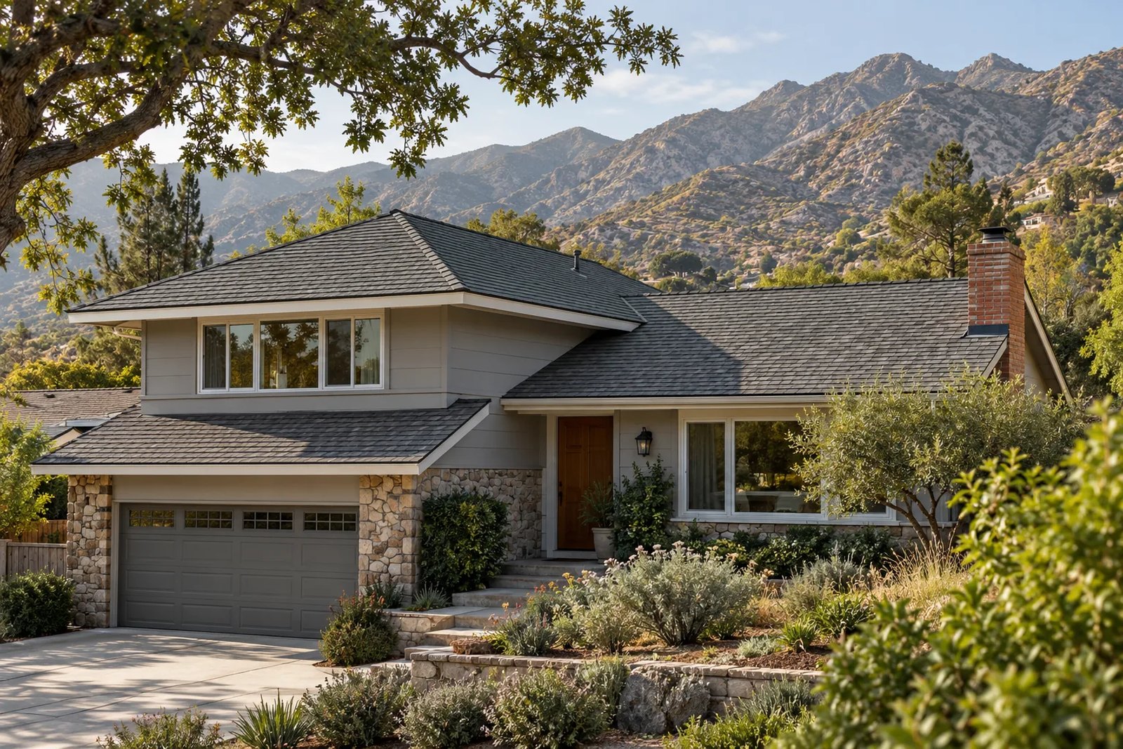 Gray shingle roof on an illustrative La Crescenta-style split-level home. Illustration, not a photograph of a completed Citium project.
